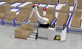 pThis is a still from a 3D render of one of Bastian Solutions’ latest concepts, an automated guided vehicle (AGV) carrying a robot that picks product and builds mixed case pallets./p